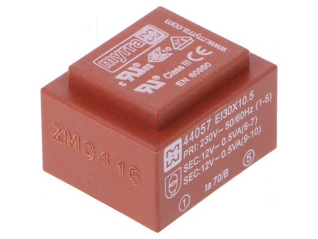 Transformator: ingegoten; 1VA; 230VAC; 12V; 12V; 42mA; 42mA; PCB Transformator: ingegoten; 1VA; 230VAC; 12V; 12V; 42mA; 42mA; PCB